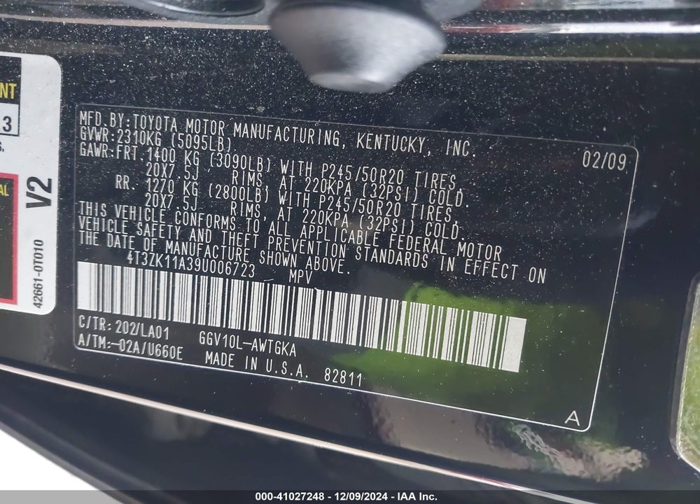 2009 TOYOTA VENZA BASE V6 VIN: 4T3ZK11A39U006723