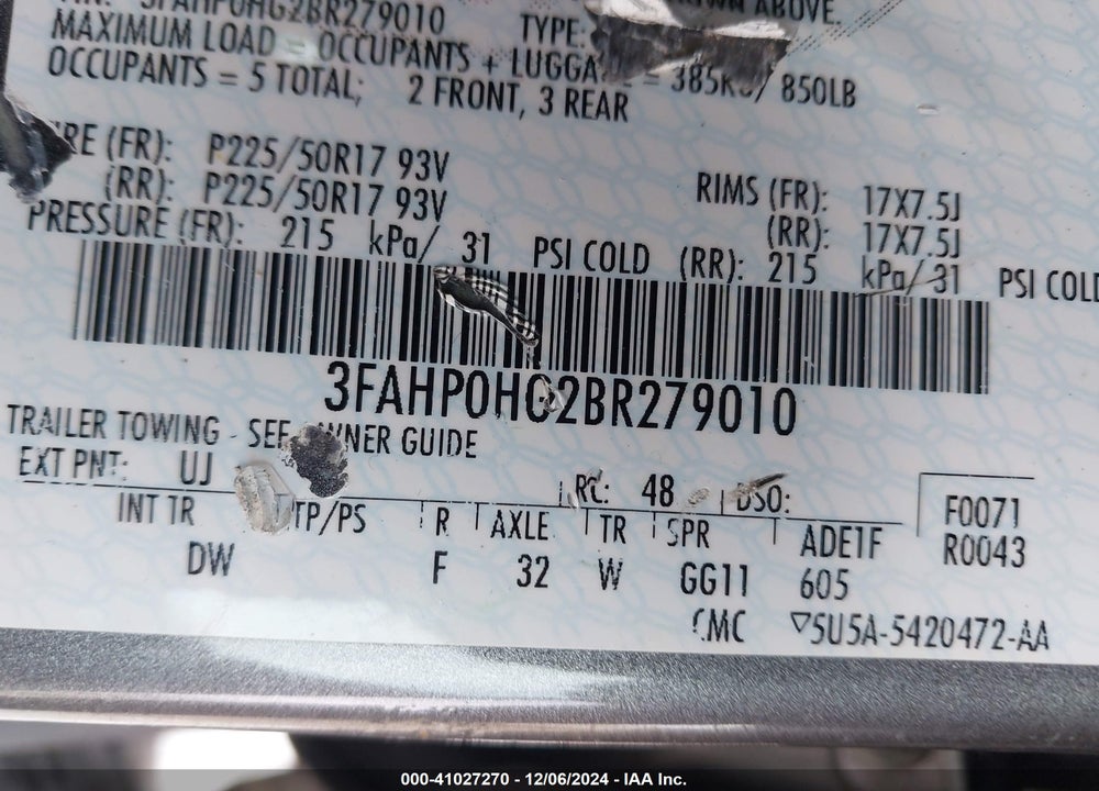 2011 FORD FUSION SE VIN: 3FAHP0HG2BR279010