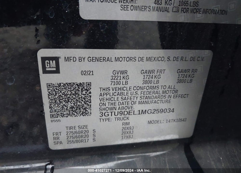 2021 GMC SIERRA 1500 VIN: 3GTU9DEL1MG259034