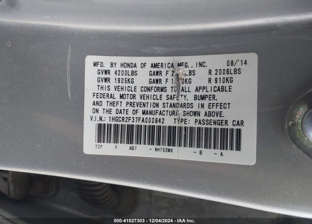 2015 HONDA ACCORD LX VIN: 1HGCR2F37FA000842