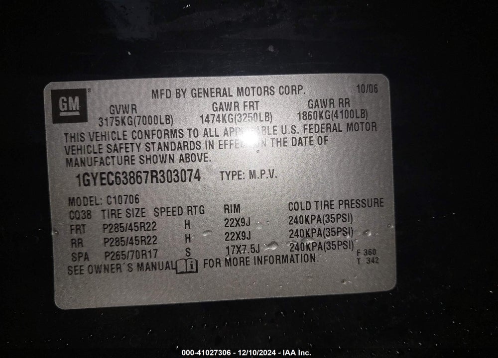 2007 CADILLAC ESCALADE STANDARD VIN: 1GYEC63867R303074