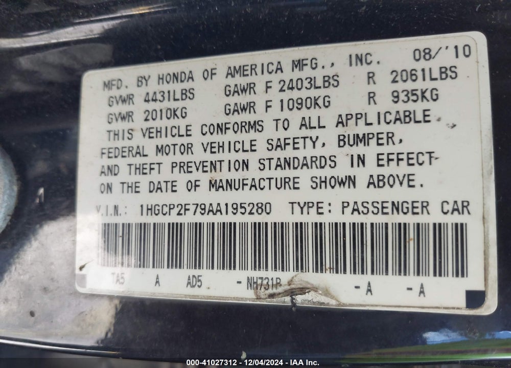 2010 HONDA ACCORD 2.4 EX VIN: 1HGCP2F79AA195280