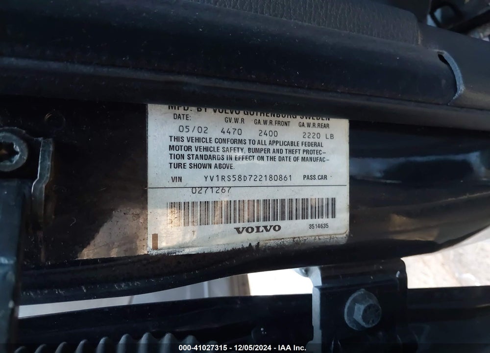2002 VOLVO S60 2.4T VIN: YV1RS58D722180861