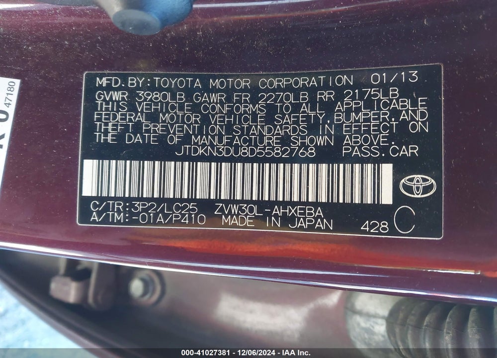 2013 TOYOTA PRIUS THREE SE VIN: JTDKN3DU8D5582768