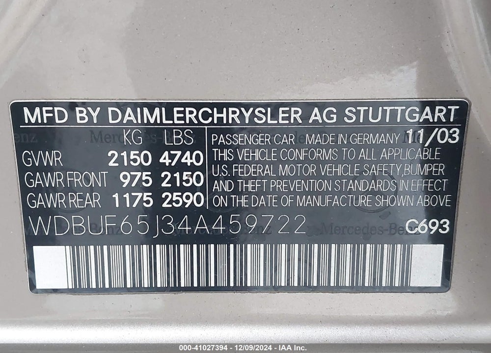 2004 MERCEDES-BENZ E 320 VIN: WDBUF65J34A459722