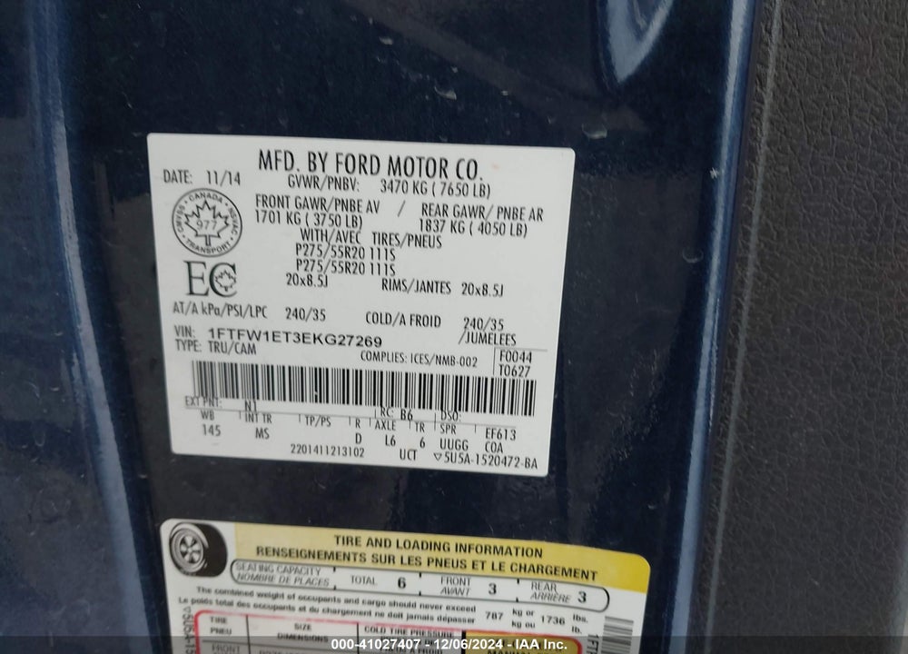 2014 FORD F-150 XLT VIN: 1FTFW1ET3EKG27269
