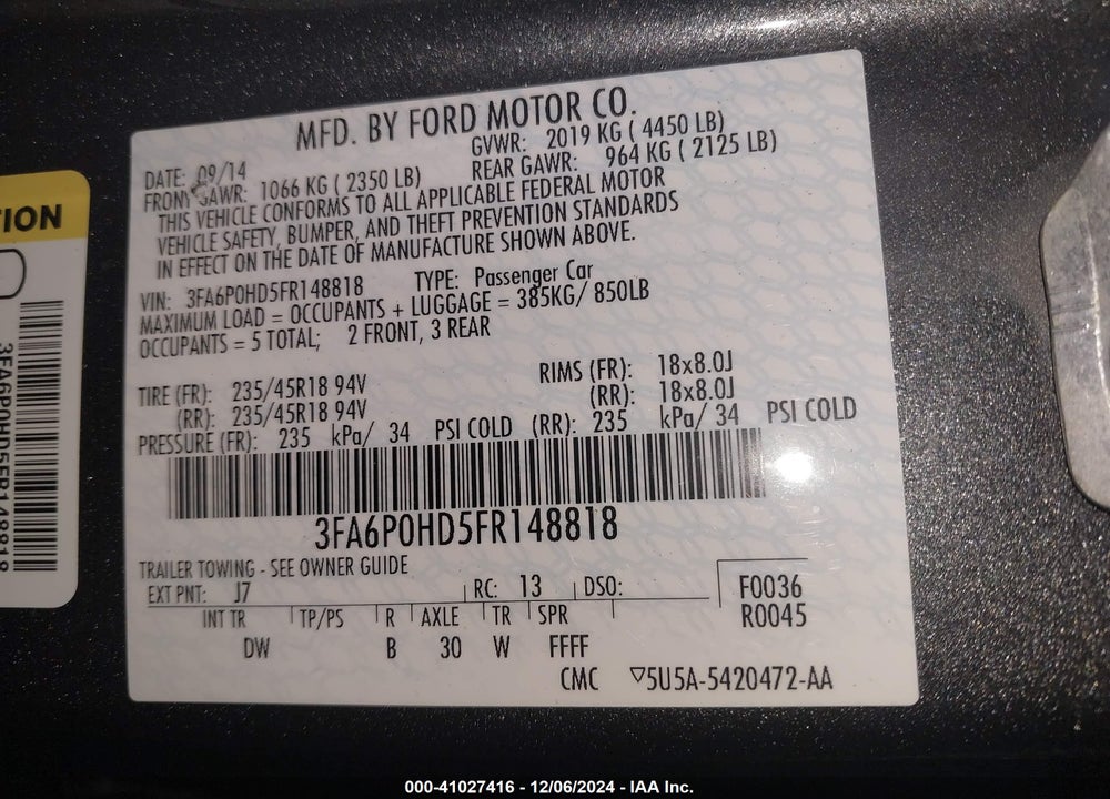 2015 FORD FUSION SE VIN: 3FA6P0HD5FR148818