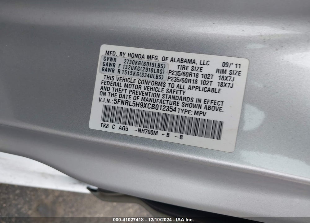 2012 HONDA ODYSSEY TOURING/TOURING ELITE VIN: 5FNRL5H9XCB012354