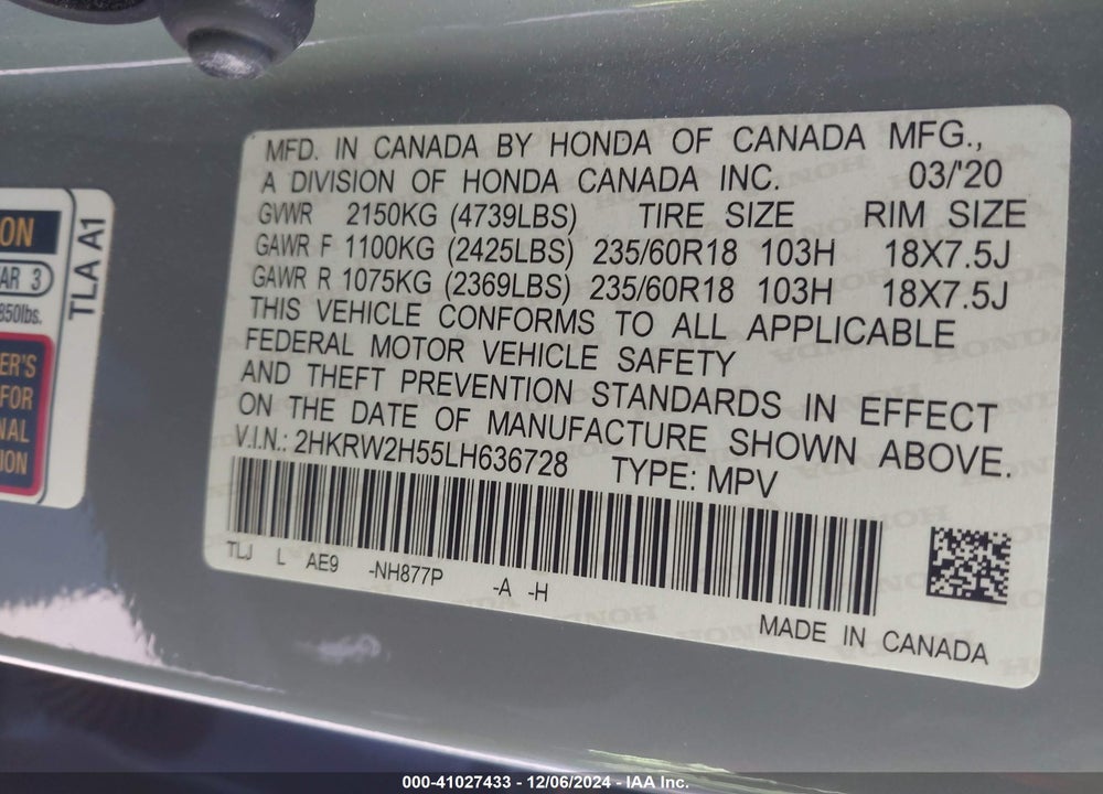 2020 HONDA CR-V AWD EX VIN: 2HKRW2H55LH636728