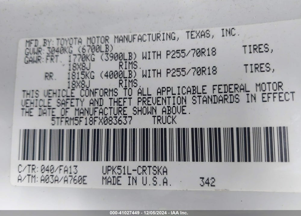 2015 TOYOTA TUNDRA SR 4.6L V8 VIN: 5TFRM5F18FX083637
