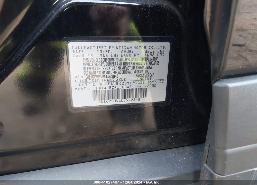 2020 NISSAN KICKS S XTRONIC CVT VIN: 3N1CP5BV6LL562848