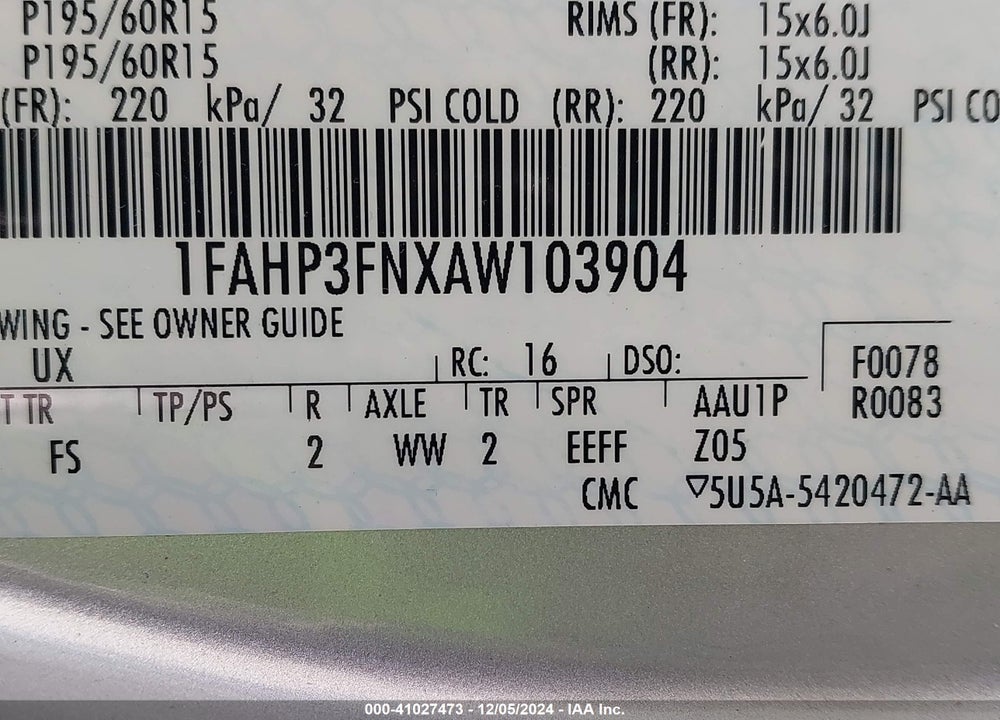 2010 FORD FOCUS SE VIN: 1FAHP3FNXAW103904