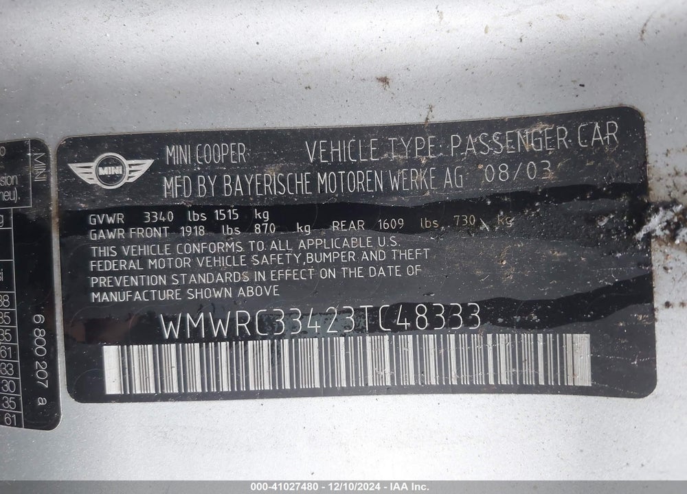 2003 MINI COOPER VIN: WMWRC33423TC48333