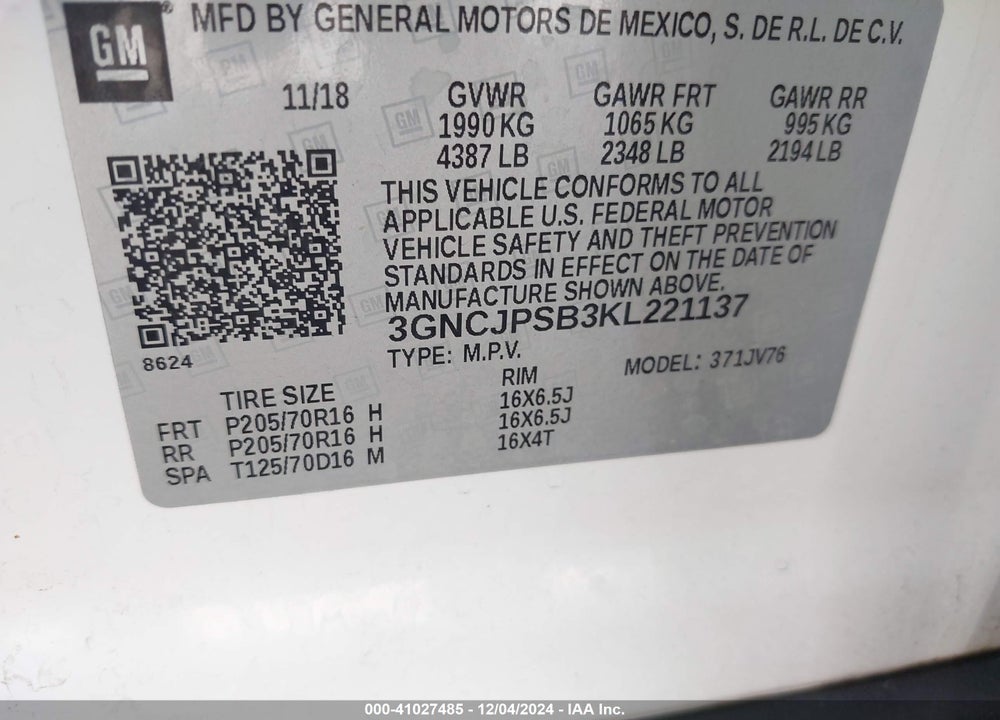 2019 CHEVROLET TRAX LT VIN: 3GNCJPSB3KL221137