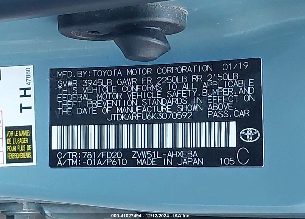 2019 TOYOTA PRIUS LE VIN: JTDKARFU6K3070592