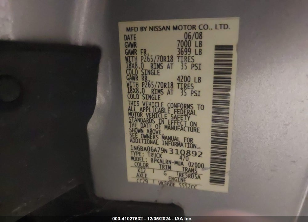2009 NISSAN TITAN XE VIN: 1N6BA06A79N310892