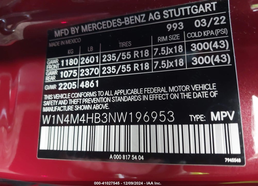 2022 MERCEDES-BENZ GLB 250 4MATIC VIN: W1N4M4HB3NW196953