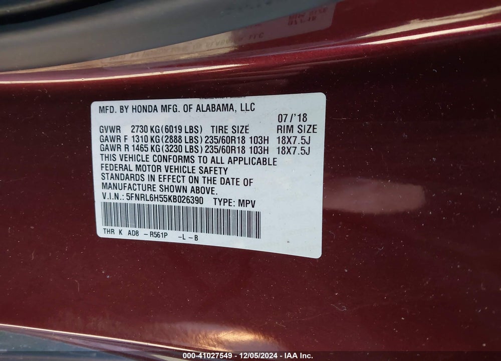 2019 HONDA ODYSSEY EX VIN: 5FNRL6H55KB026390