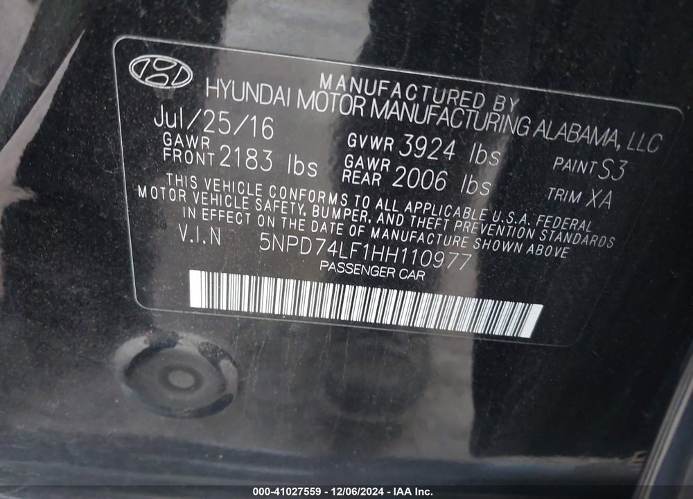 2017 HYUNDAI ELANTRA SE VIN: 5NPD74LF1HH110977