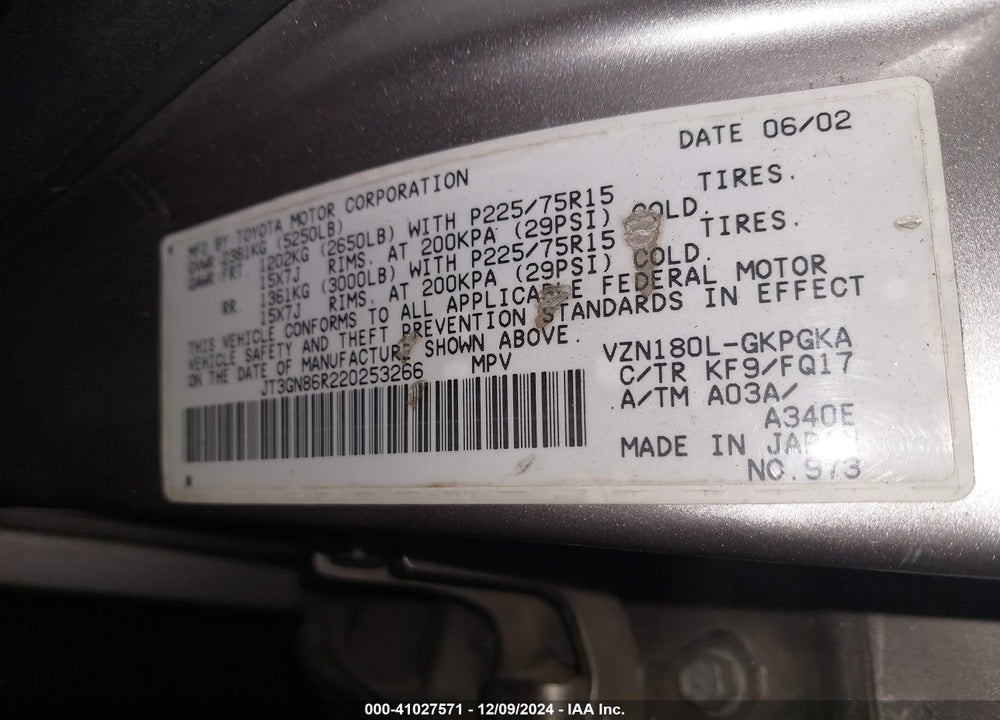 2002 TOYOTA 4RUNNER SR5 V6 VIN: JT3GN86R220253266