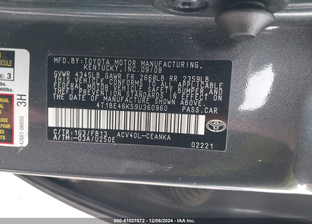 2009 TOYOTA CAMRY LE VIN: 4T1BE46K59U360960