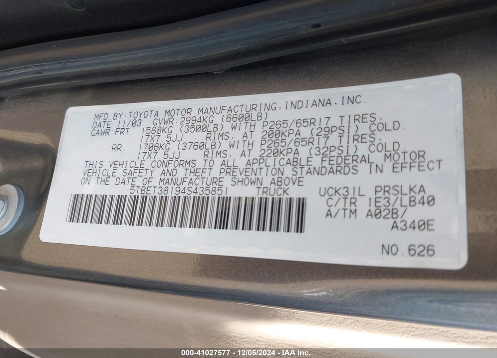 2004 TOYOTA TUNDRA LIMITED V8 VIN: 5TBET38194S435851