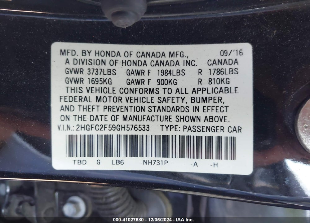 2016 HONDA CIVIC VIN: 2HGFC2F59GH576533