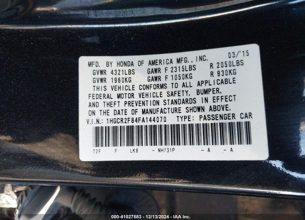 2015 HONDA ACCORD EX-L VIN: 1HGCR2F84FA144070