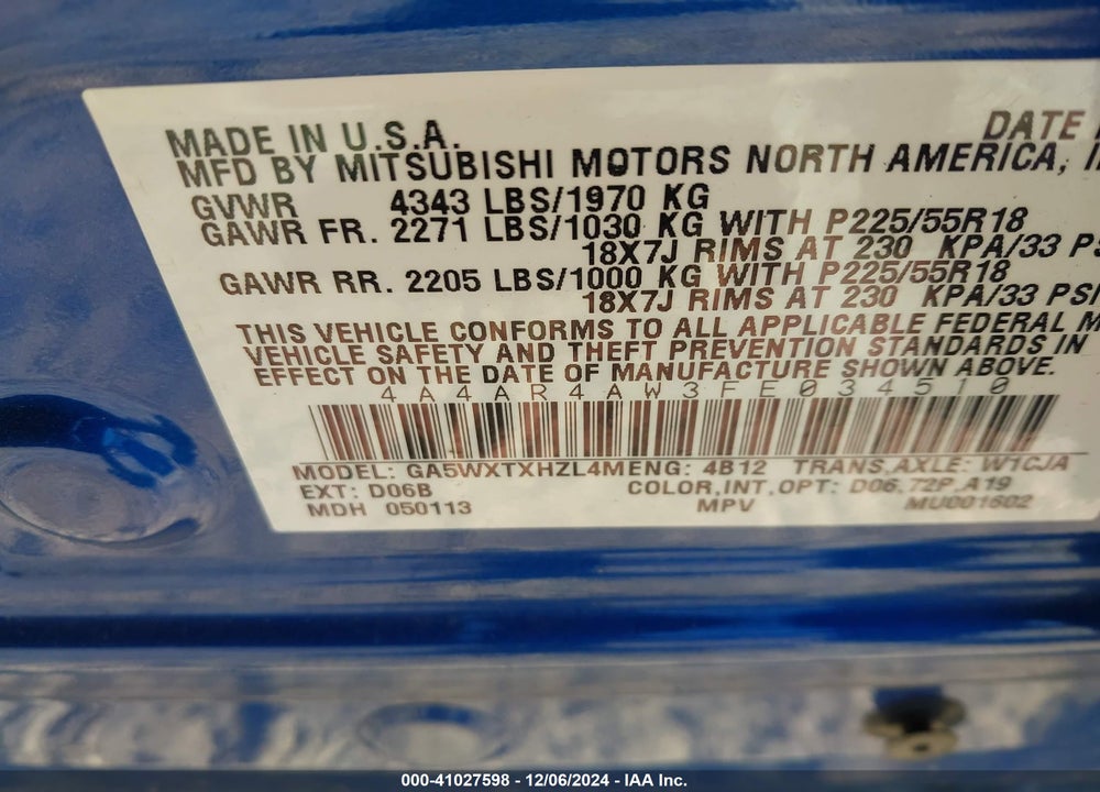 2015 MITSUBISHI OUTLANDER SPORT GT VIN: 4A4AR4AW3FE034510