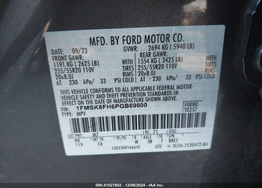 2023 FORD EXPLORER LIMITED VIN: 1FMSK8FH6PGB69600