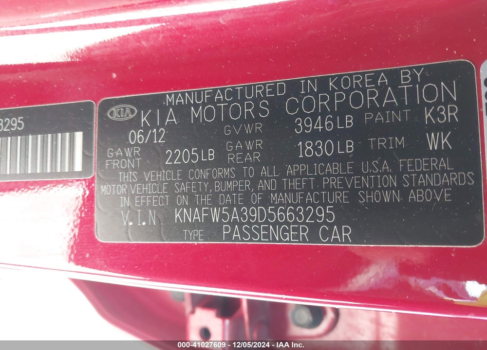 2013 KIA FORTE SX VIN: KNAFW5A39D5663295