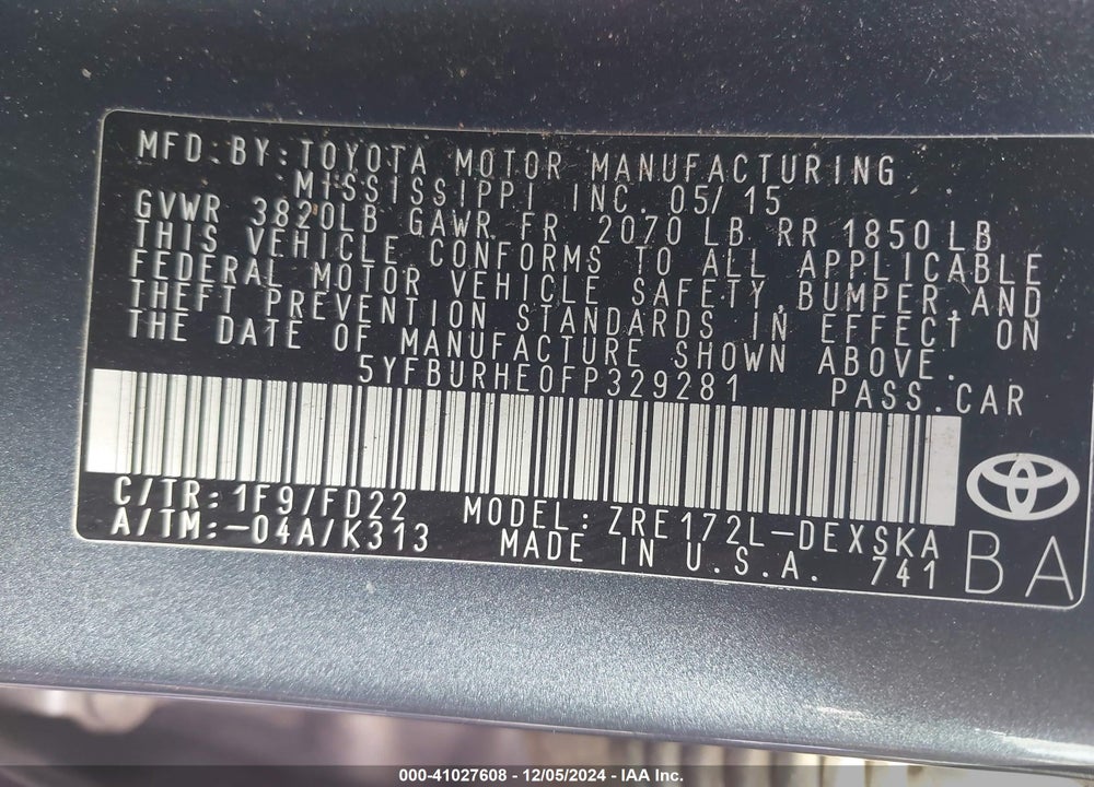 2015 TOYOTA COROLLA S PLUS VIN: 5YFBURHE0FP329281