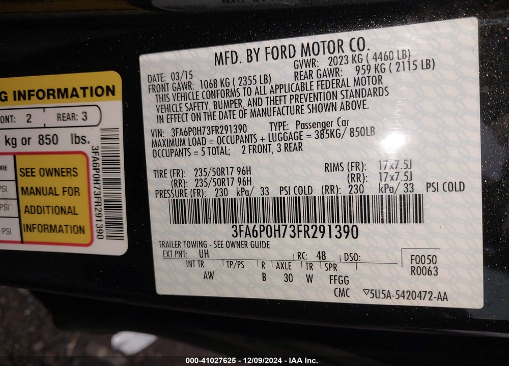 2015 FORD FUSION SE VIN: 3FA6P0H73FR291390