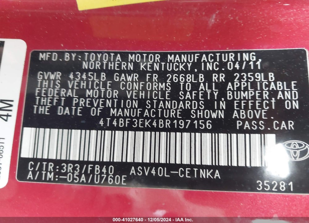 2011 TOYOTA CAMRY LE VIN: 4T4BF3EK4BR197156