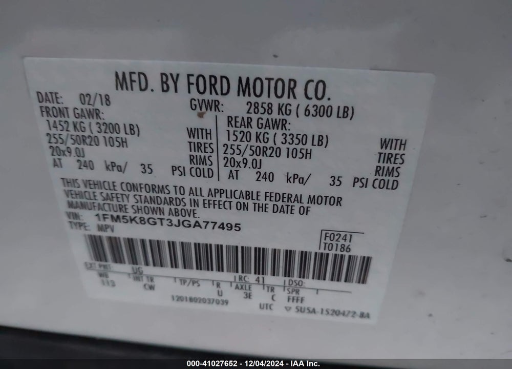2018 FORD EXPLORER SPORT VIN: 1FM5K8GT3JGA77495