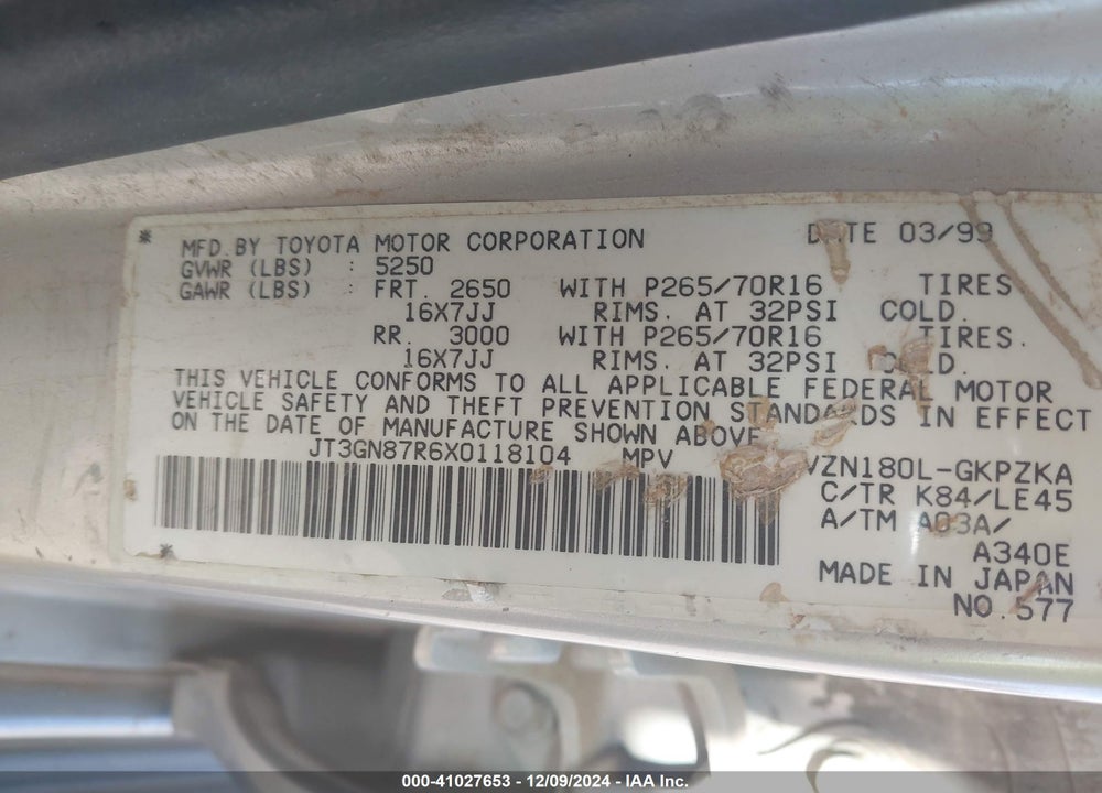 1999 TOYOTA 4RUNNER LIMITED V6 VIN: JT3GN87R6X0118104