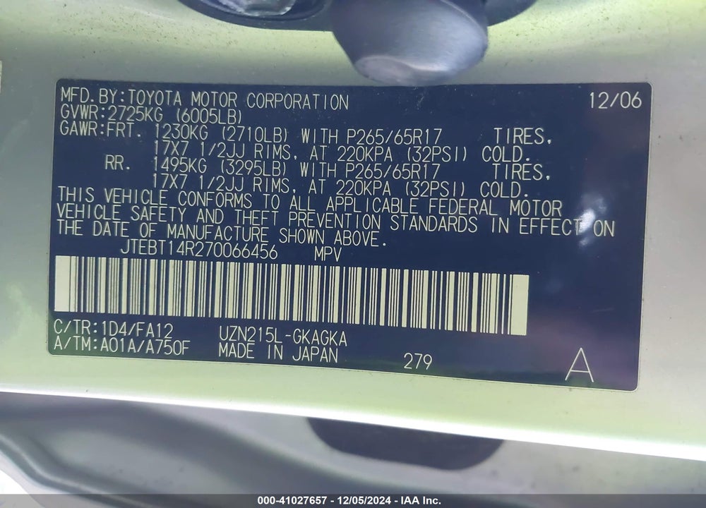2007 TOYOTA 4RUNNER SR5 V8 VIN: JTEBT14R270066456
