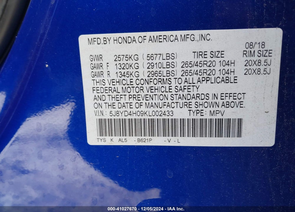 2019 ACURA MDX TECH & A-SPEC PKGS VIN: 5J8YD4H09KL002433