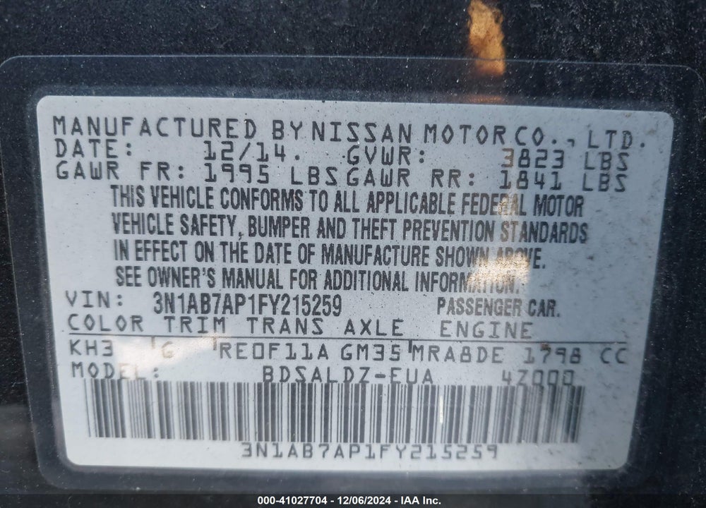 2015 NISSAN SENTRA SV VIN: 3N1AB7AP1FY215259