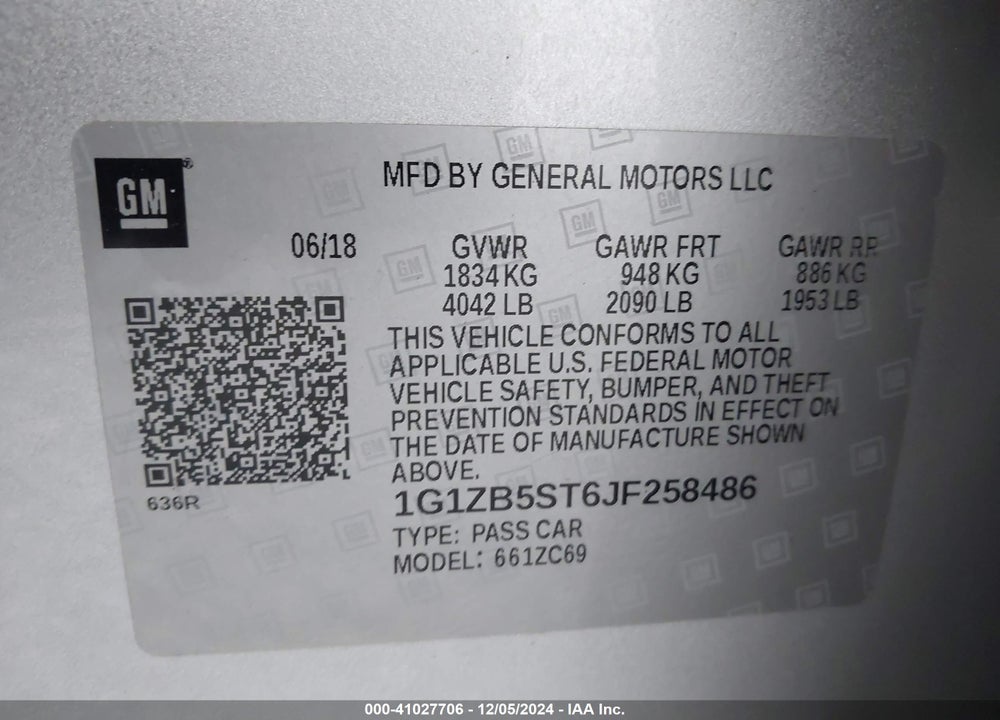 2018 CHEVROLET MALIBU 1LS VIN: 1G1ZB5ST6JF258486