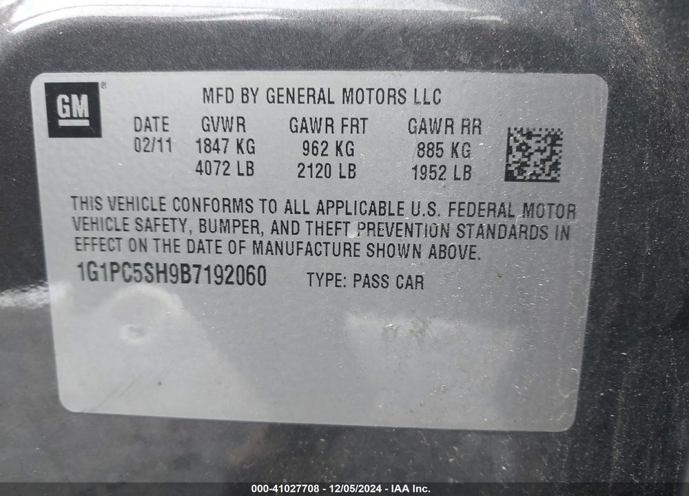 2011 CHEVROLET CRUZE LS VIN: 1G1PC5SH9B7192060