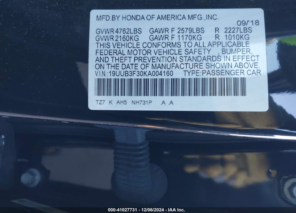 2019 ACURA TLX VIN: 19UUB3F30KA004160