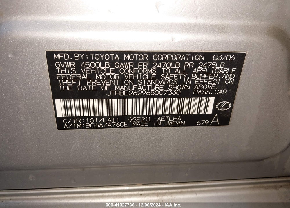 2006 LEXUS IS 350 VIN: JTHBE262965007330