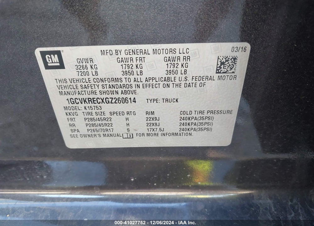 2016 CHEVROLET SILVERADO 1500 2LT VIN: 1GCVKRECXGZ260614