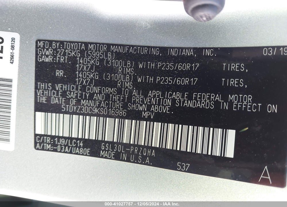 2019 TOYOTA SIENNA XLE 8 PASSENGER VIN: 5TDYZ3DC9KS016986