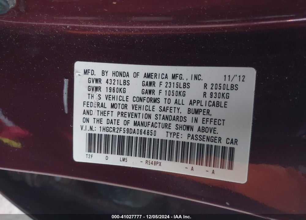 2013 HONDA ACCORD SPORT VIN: 1HGCR2F59DA064850