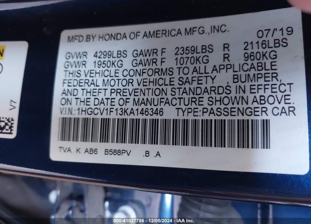 2019 HONDA ACCORD LX VIN: 1HGCV1F13KA146346