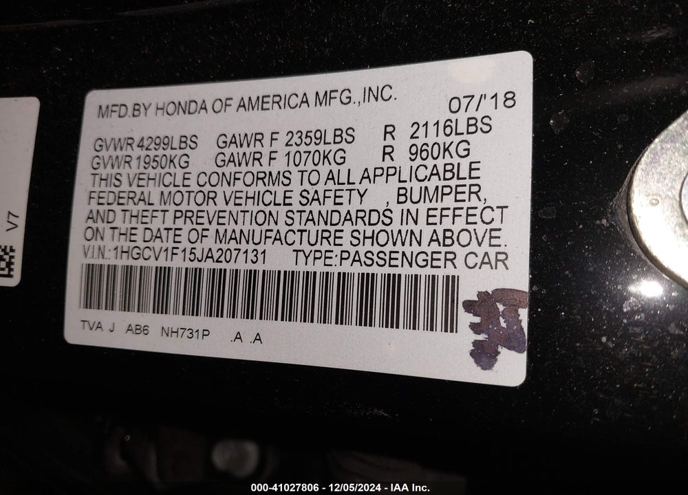 2018 HONDA ACCORD LX VIN: 1HGCV1F15JA207131