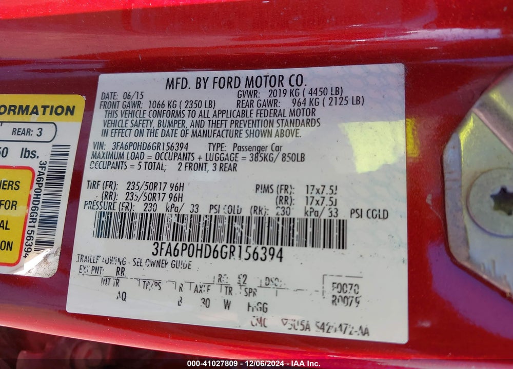 2016 FORD FUSION SE VIN: 3FA6P0HD6GR156394
