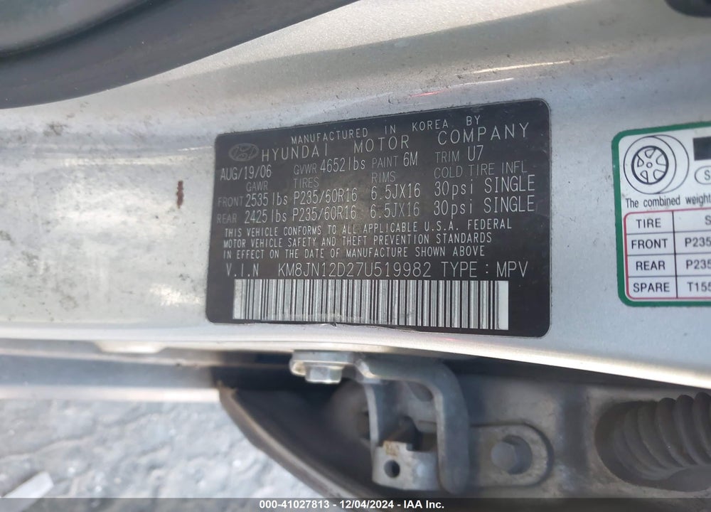 2007 HYUNDAI TUCSON LIMITED/SE VIN: KM8JN12D27U519982
